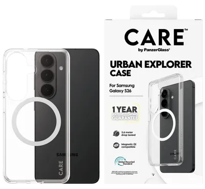 Obrázok produktu pre PanzerGlass CARE™ by ® Urban Explorer Case Transparent w. White Qi Samsung Galaxy S26, Ochranný obal, Samsung, Samsung - Galaxy S26, Priehľadná