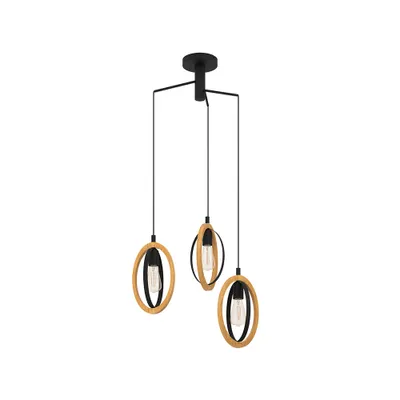 Image de Suspension E27 Triple Noir/Bois F62Cm Eglo Basildon