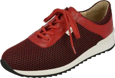 A single red and black sneaker is shown against a white background.