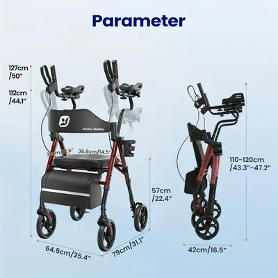 Produktbild von Aufrechter Rollator - Gehhilfe für Senioren - Faltbar - Gepolsterter Sitz - Rückenlehne - Rot