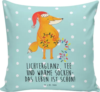 Produktbild von Mr. & Mrs. Panda kissen bedruckt Fuchs Weihnachten - Türkis Pastell - Geschenk, Kuschelkissen, Weihnachtsmann, Deko, Nikolaus, Wintermotiv, Winter, Füchse, Kuschel, 40x40