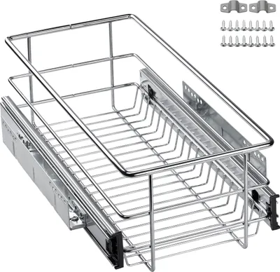 A chrome wire basket with a sliding drawer mechanism and mounting hardware.