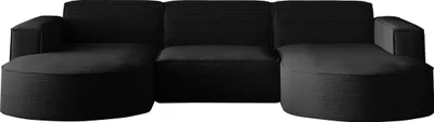 A black U-shaped sectional sofa shown from the front against a white background.