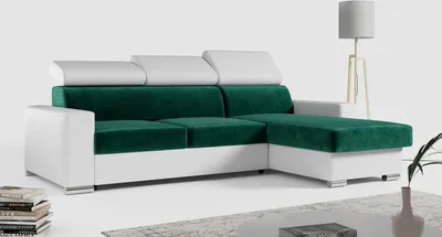 Produktbild von Ecksofa, Verstellbare Kopfstützen,  L Couch, Polstersofa mit Bettkasten - FOX-L - Dunkelgrün/Weiß