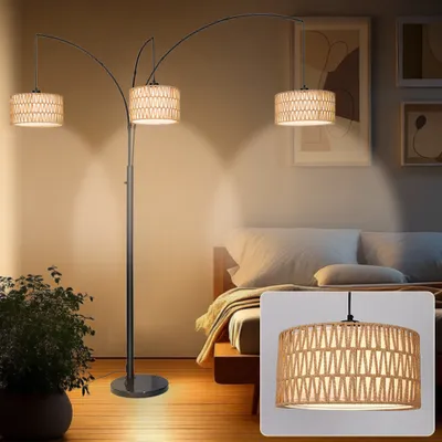 Obrázek produktu pro 180cm stojací lampa Obývací pokoj s ratanovým stínidlem, Boho Led rohová stojací lampa Stmívatelná lampa Vintage Arc 3 Plamen Vysoká lampa Ložnice Kancelář