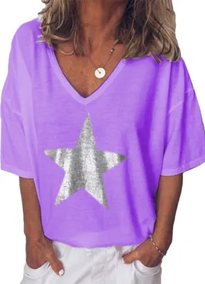 Produktbild von Plus Size Sommer Frauen Star V-Ausschnitt Kurzarm T-Shirt Einfarbig Loose Top Lila L.