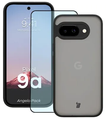 Produktbild von Schutzhülle + gehärtetem Glas Bizon Angelo Pack für Google Pixel 9a, Getönte mit schwarzem Rahmen