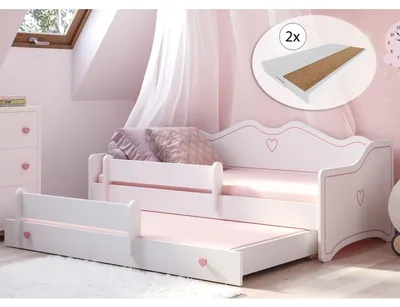 Produktbild von Mädchenbett 80x160 mit Ausziehbett & zwei Matratzen Kinderbett Jugendbett Funktionsbett 160x80 mit Rausfallschutz | Prinzessin Sofa umbaubar weiß rosa