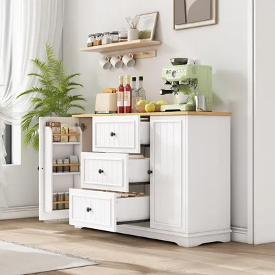 Immagine prodotto di Merax: credenza moderna, cassettiera a 3 cassetti con ante simili a quelle di un frigorifero, mobile da sala da pranzo, soggiorno e ingresso, bianco