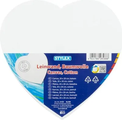 Obrázek produktu pro Plátno ve tvaru srdce, 20 x 20 cm, napnuté na rámu, 100% bavlněná tkanina, základová vrstva, sešitá na zadní straně, výtvarné potřeby Stylex 28588