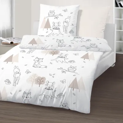 Produktbild von Waldtiere Eule Rehkitz Maus Fuchs Bettwäsche 80x80 + 135x200 cm, 100% Baumwolle in Renforcé
