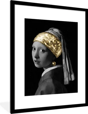 Produktbild von MuchoWow® Gerahmtes Poster Mädchen mit einem Perlenohrring - Vermeer - Gold 60x80 cm - Poster mit Schwarzem Bilderrahmen Wandposter Rahmen Foto Bilder - Wohnzimmer - Dekorationen - Prämie