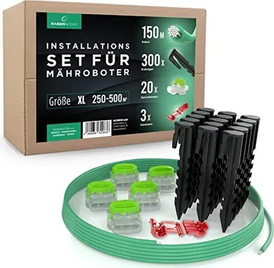Produktbild von RASENWERK® Begrenzungskabel Installationsset für Mähroboter - 300 Erdnägel mit patentierter Form - 20 Verbindungsklemmen - 150m Begrenzungskabel für Rasenroboter - 3 Anschlussklemmen