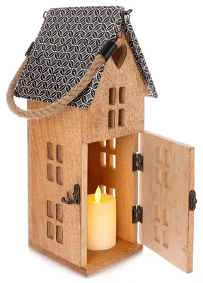 Obrázek produktu pro Orion | Lucerna - 16,5x35,5 cm - Ruční výroba - Mangové dřevo - Dekorační dřevěný lampion domeček na LED