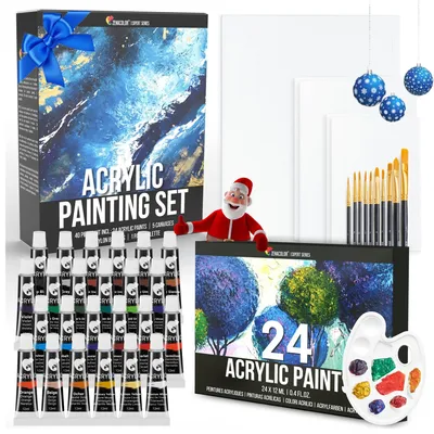 Acrylfarbset – 24 Tuben à 12 ml, 5 Leinwände, 10 Pinsel, 1 Palette
