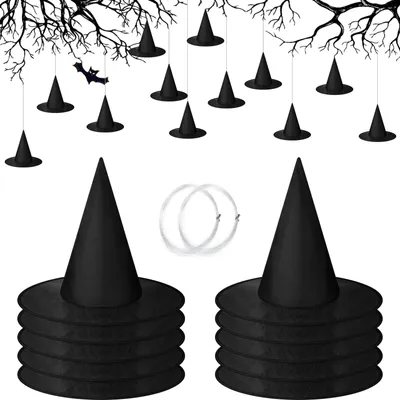 12 Halloween Hexenhüte zum Aufhängen mit Schnur & Haken