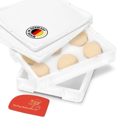 Produktbild von RoyalFay® Pizzaballenbox 30 x 40 x 7 cm mit Deckel Doppelpack (2 Boxen und 2 Deckel) Kunststoffbehälter weiß für Pizzateig mit Spachtel Teig-Gärbox für den Kühlschrank stapelbar