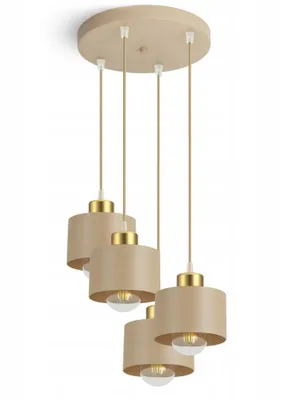 A modern, multi-pendant light fixture with beige cylindrical shades and gold accents, suspended from a round beige ceiling plate.