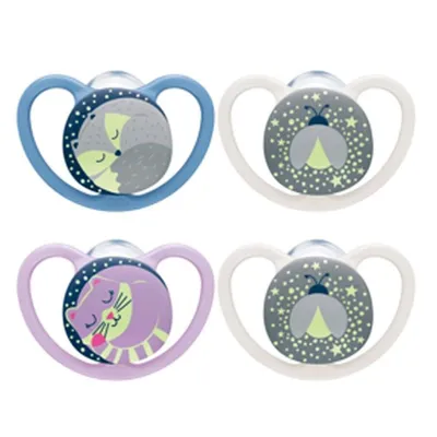 Four pacifiers with animal designs are displayed against a white background.