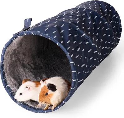 Imagen del producto de Túnel para pequeños animales, de doble entrada, plegable, en color azul oscuro con estampado de hojas, ideal para cobayas y conejos