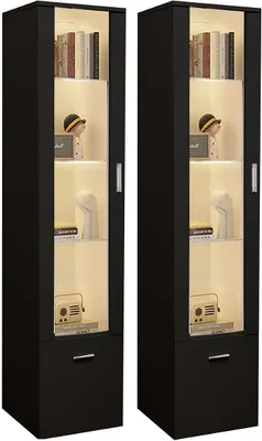 Image de Ensemble de 2 vitrines LED avec porte et étagères en verre, éclairage pour salon ou bureau, dimensions : 42 x 30 x 160 cm (noir)