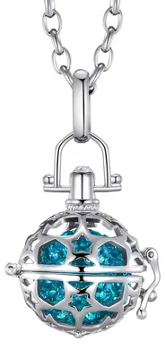 Image de Collier Morella pour femme « Ange gardien » en acier inoxydable, 70 cm, avec pendentif étoiles et boule sonore en zircone de couleur pétrole, Ø 16 mm, dans une pochette à bijoux