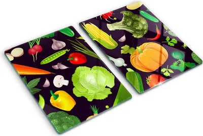 Produktbild von Tulup Glas Herdabdeckplatte - 2x40x52 cm - Glaskeramikkochfeld-Abdeckung Spritzschutz Glasabdeckplatte Kochplattenabdeckung und Schneidebrett - Zweiteilig - Essen & Getränke - Buntes Gemüse - Mehrfarbig