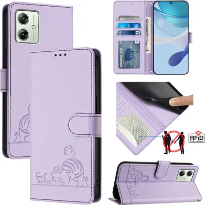 Produktbild von Leder Hülle für Motorola Moto G14/Moto G54 Süße Katze Flip Case Brieftasche Schutzhülle mit Standfunktion Lila
