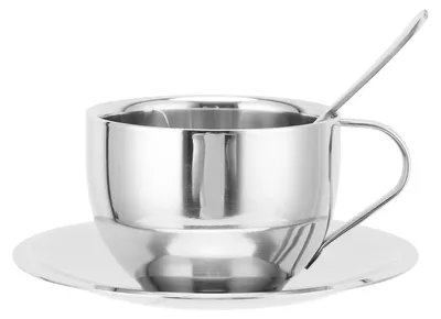Produktbild von Kaffeetasse, Edelstahl, doppelschichtige Isolierung, Milchbecher mit Löffel, Untertasse, Haushalt (Silber, 180 ml)