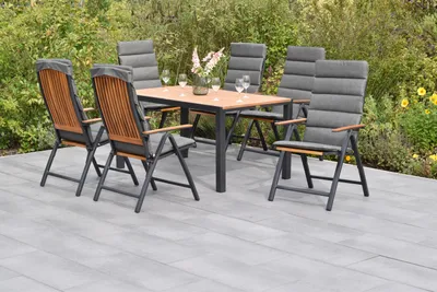 Produktbild von Merxx Gartenmöbel Set Athos 13tlg., 6 Klappsessel inkl. Kissen, Tisch 150 x 90 cm- Aluminium/Akazie/Textil
