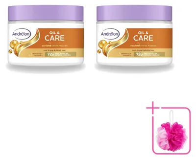 Imagen del producto de 2 mascarillas capilares cremosas Andrélon con aceite y cuidado, para cabello seco y rizado, 300 ml cada una, pack ahorro de 2 unidades