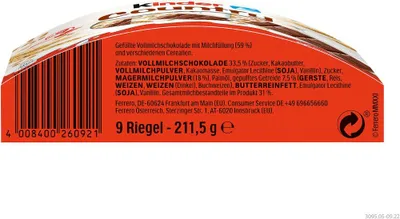 Obrázek produktu pro Ferrero Kinder Country, Mléčná čokoláda, 211 g, Čokoláda, Mléko, 1675 kJ, 400 kcal, 0,7 g