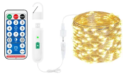 LED-Lichterkette 10 m, 100 LEDs, warmweiß, mit Fernbedienung, Timer, USB