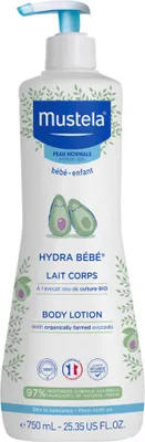 A bottle of Mustela Baby Hydra Body Lotion with a pump dispenser.
