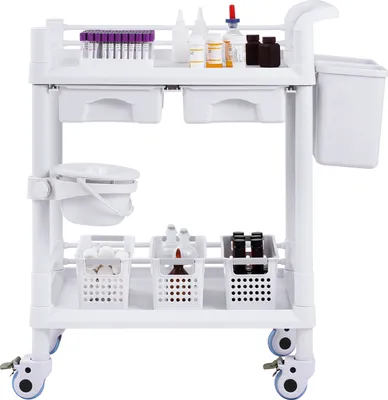 Produktbild von SucceBuy 2-stöckiger Laborwagen, Mehrzweckwagen mit 2 Tabletts, 2 Schubladen und 4 leisen Rädern, mobiler medizinischer Wagen mit PP-Material, Rollwagen mit 3 Mülleimern für Labor, Klinik, Weiß