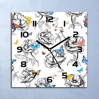 Produktbild von Wanduhr Echt-Glas-Küchenuhr Blumen und Schmetterlinge Quarz 30x30 Deko Bilder