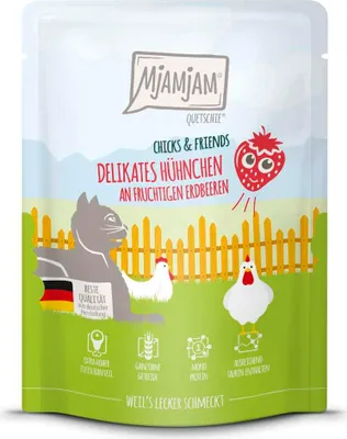 Produktbild von MjAMjAM 300gx6 Quetschie Chicks & Friend Hühnchen & Erdbeerenr Cat