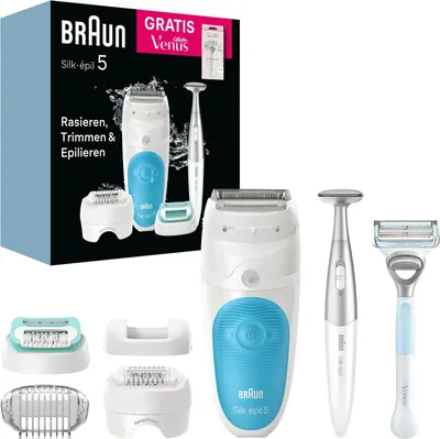 Produktbild von Braun Silk-épil 5 810 +Gillette Venus Trimmer, Blau, Weiß, 28 Pinzette, MicroGrip, Depilation, Rasieren, Box, 184 mm