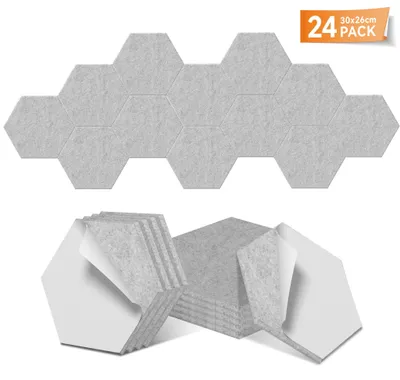 Obrázek produktu pro Akustické panely YARDIN Hexagon 30 x 26 cm, světle šedé, 24 kusů, samolepicí, polyesterový filc 1200 g/m², zvukově izolační panely pro nahrávací studia, domácí kina, hudební místnosti, karaoke, kanceláře a bary