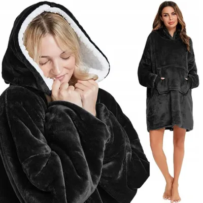 Produktbild von Decke mit Ärmeln Auszeichnung - 2 in 1 - Hoodie Decke mit Ärmeln - Perfekt für Wintertage - Kuscheldecke Flauschig - Schwarz