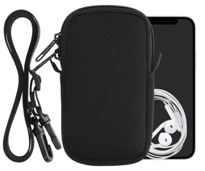 Produktbild von kwmobile Handytasche für Smartphones XS - 3,5/4" - Neopren Handy Hülle Schwarz mit Kordel - Handy Tasche mit Handykette 12,5 x 6,5 cm Innenmaße
