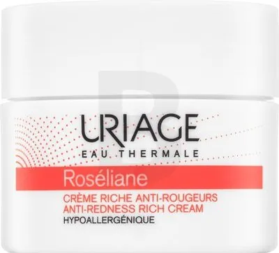 A white jar of Uriage Roséliane Anti-Redness Rich Cream.