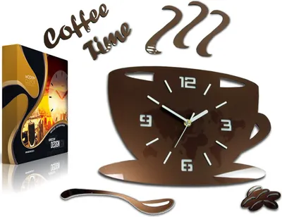 A product shot of a coffee cup-shaped clock and its packaging, along with decorative elements like a spoon and coffee beans.