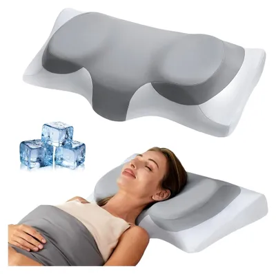 Produktbild von Orthopädisches Kopfkissen aus Memory Foam, Ergonomisches Stützkissen für Nackenschmerzen, Kühlend für Seitenschläfer, Rücken- und Bauchschläfer, Grau