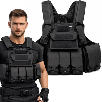 Produktbild von Taktische Weste Einsatzweste Militärweste 8 Taschen MOLLE Schwarz ASG Survival Polizei