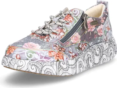 Produktbild von Damen Sneaker aus Leder und Textil, grau mit Blumenmuster, Schnürung und Reißverschluss