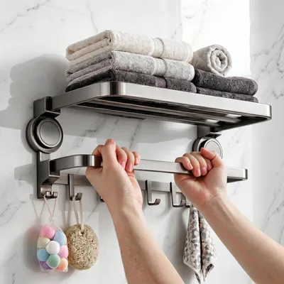 Obrázok produktu pre Polica na uteráky do kúpeľne, bez vŕtania, 50 cm, nastaviteľná, s háčikmi