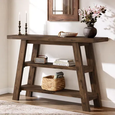 Produktbild von Massivholz-Konsolentisch, 120 cm langer Landhaus-Eingangstisch mit 3-stufigen Regalen, rechteckige Couchtische Akzenttische hinter dem Sofa