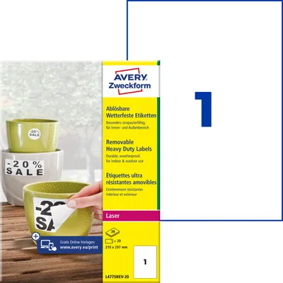Produktbild von Avery Zweckform L4775REV-20, Wetterfeste Etiketten, ablösbar, A4, 210 x 297 mm, 20 Etiketten / 20 Bögen, weiß