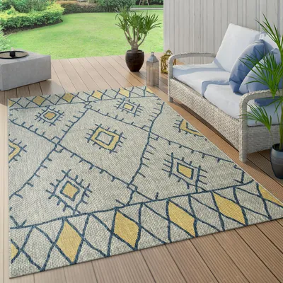 Produktbild von In- & Outdoor Teppich Flachgewebe Geometrisch Abstrakt Rauten Design Ethno Blau Grösse 80x150 cm